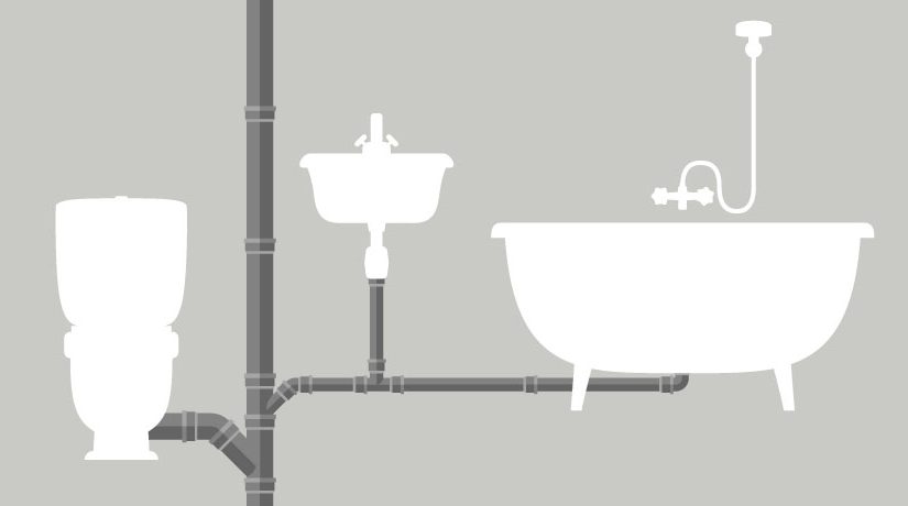 Sewer drainage system with pipes and silhouettes of toilet, bath and sink.
